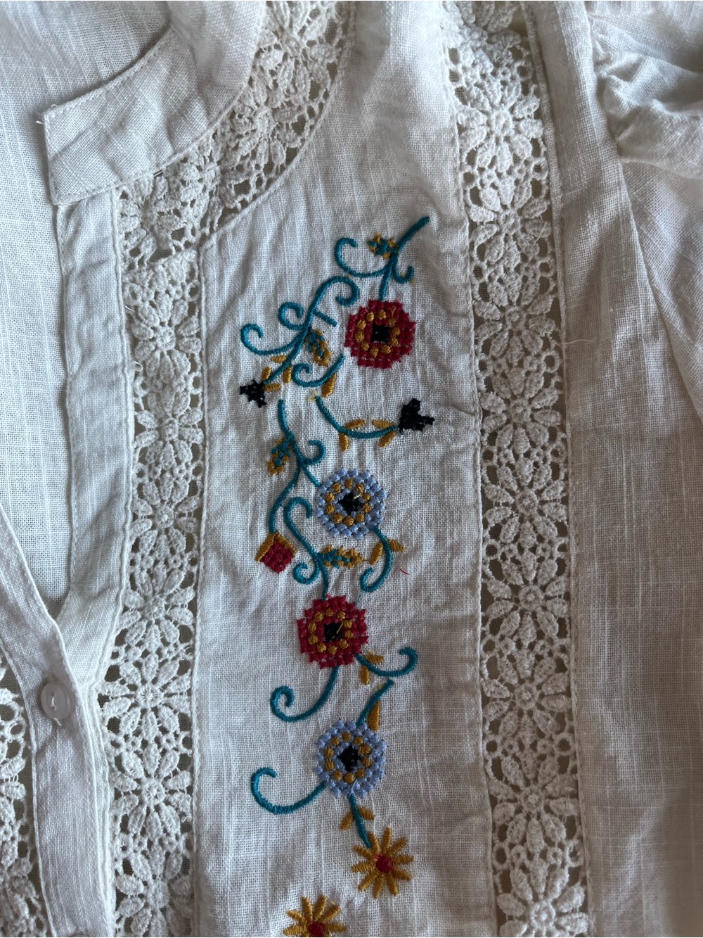 JENNIFER & GRACE Off White Cross stitch embroidery Long Sleeve Blouse Shirt M - Picture 3 of 5